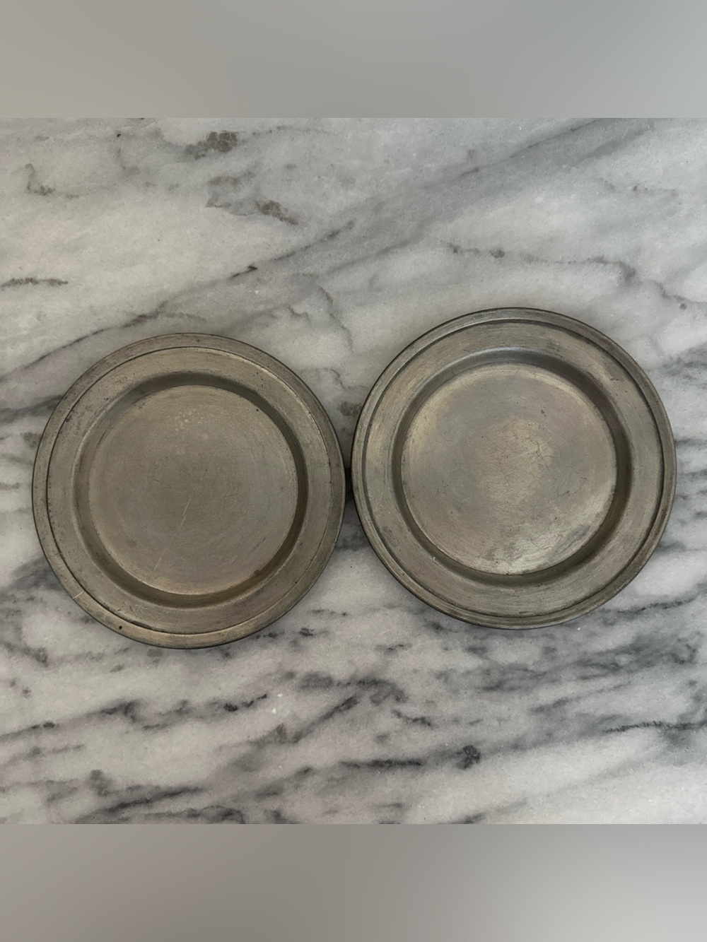 Vintage set of two pewter wine bottle coasters -distressed
